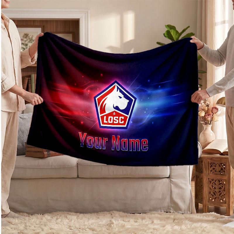 LOSC Lille FC Personalized Fleece Blanket With Football Logo, Custom Name Text Soft Warm Home Throw Blanket