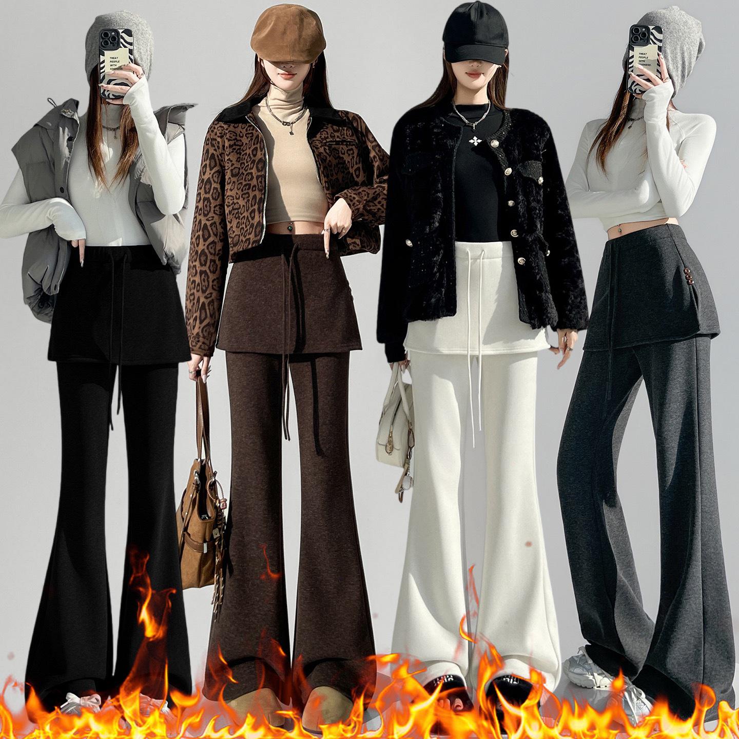 

Women s Plus Velvet Cashmere Flare Pants: High-Waist, Slimming, Autumn/Winter, Two-Piece Design, Hip-Covering Medium