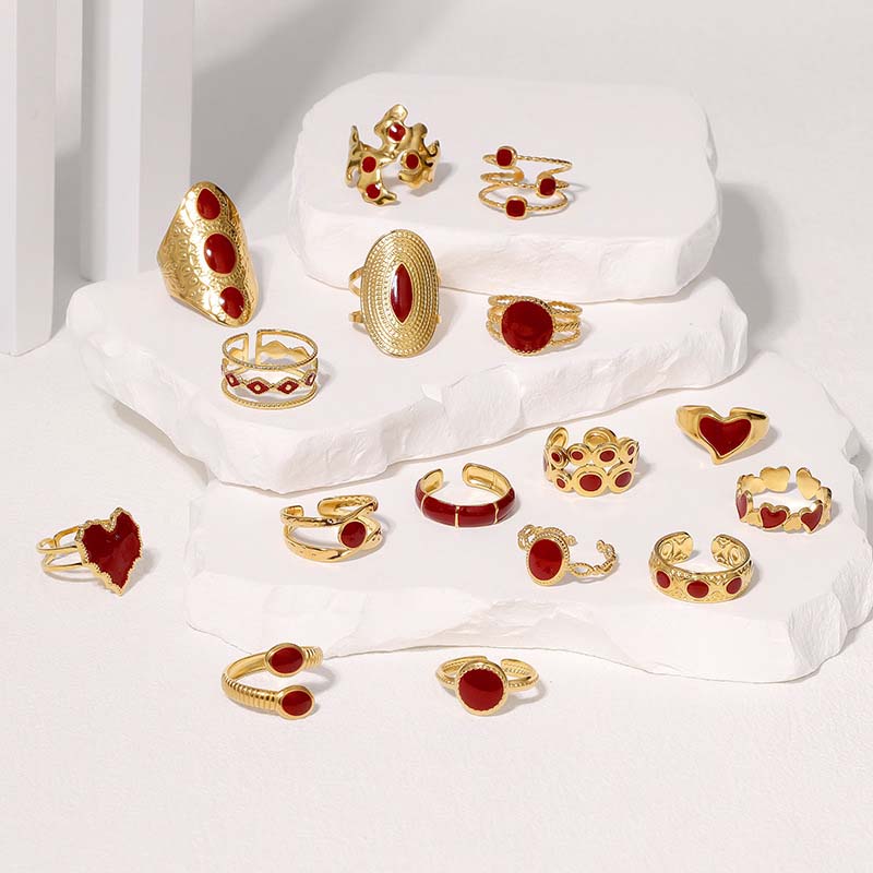Vintage Red Drip Oil Geometric Rings for Women Stainless Steel Gold Color Heart Opening Adjustable Finger Rings Jewelry New