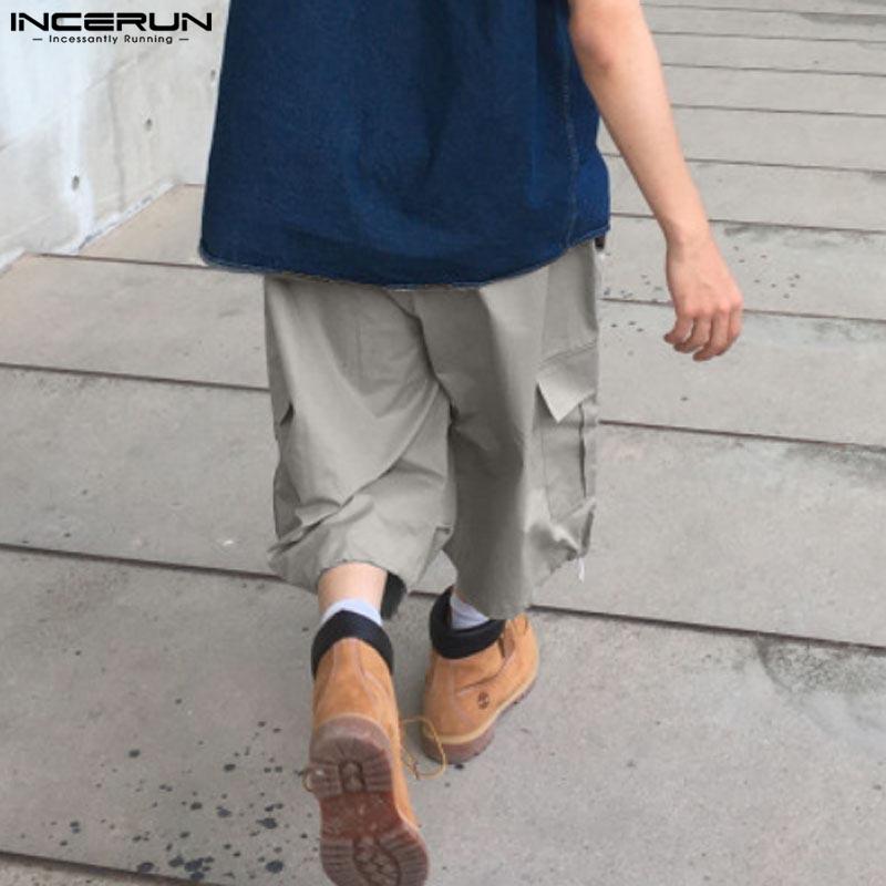 INCERUN Men Drawstring Elastic Waist Ruffled Casual Vintage Cargo Capri Pants with Pockets