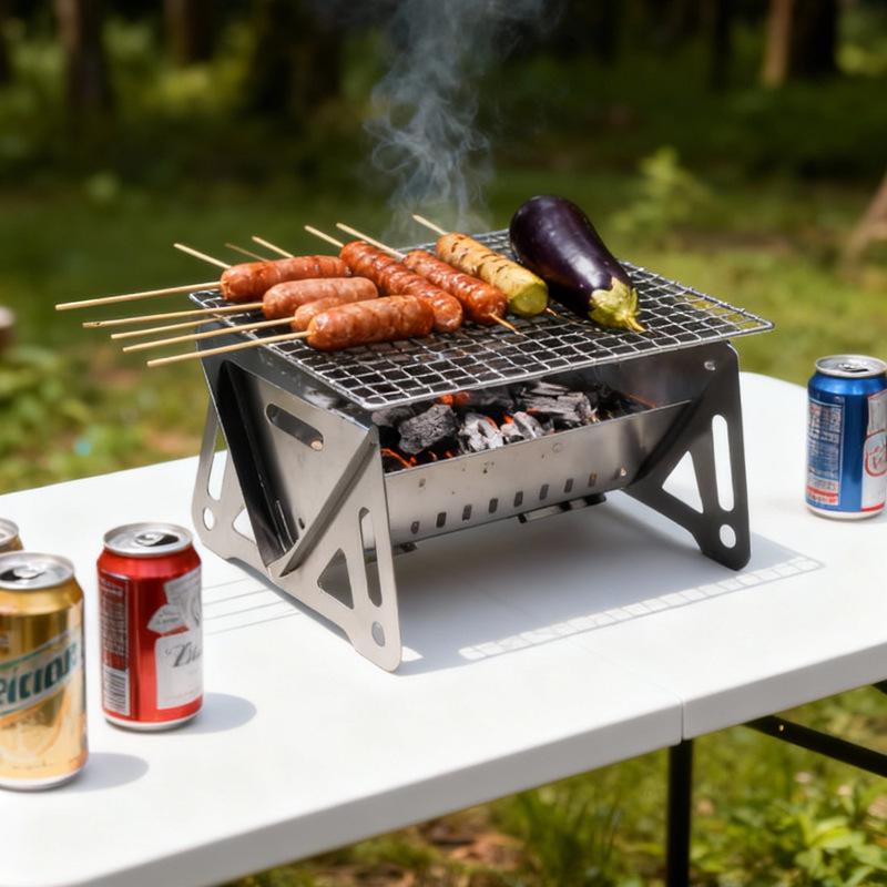 Portable Stainless Steel Folding Outdoor Stove & Grill Set: Skewers, Fire Pit, Barbecue Pan, Wood Camping Supplies.