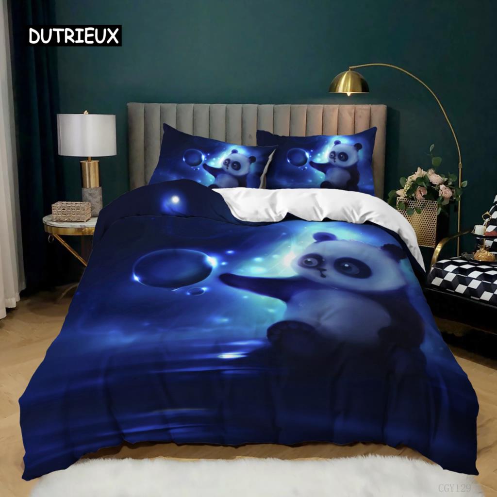 Panda Duvet Cover Cartoon Panda Printed Bedding Set For Kids Boys Girls Microfiber Cute Animal Comforter Cover 2/3Pcs Full Size