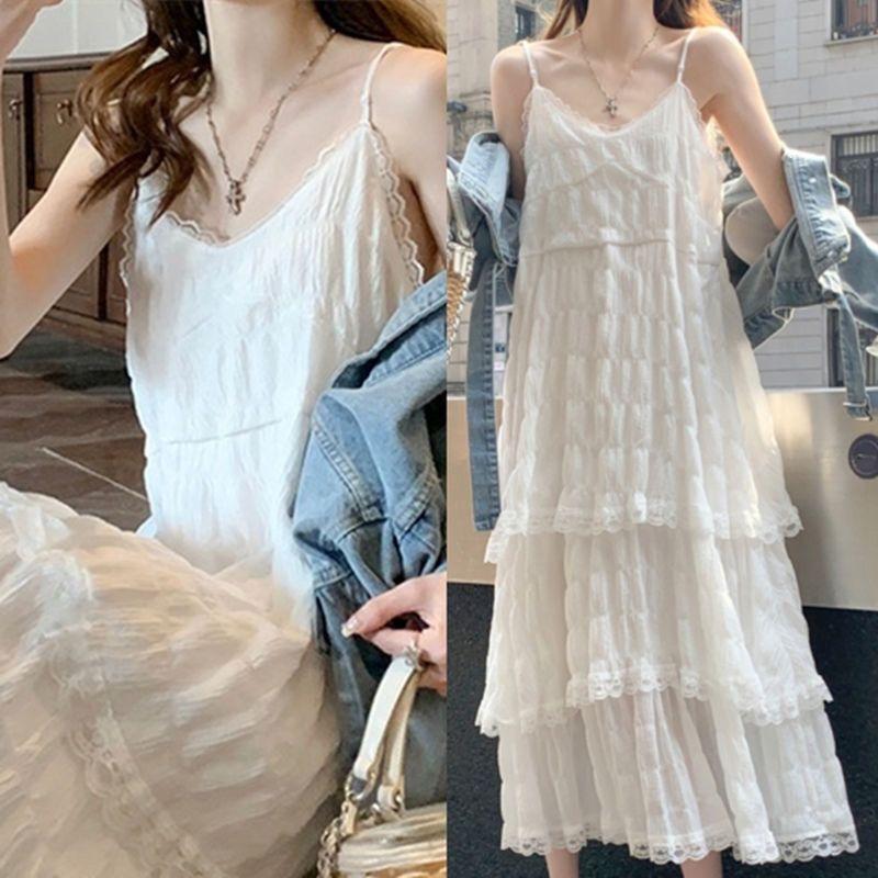 French white suspender dress women's summer new temperament lace cake skirt seaside vacation long skirt