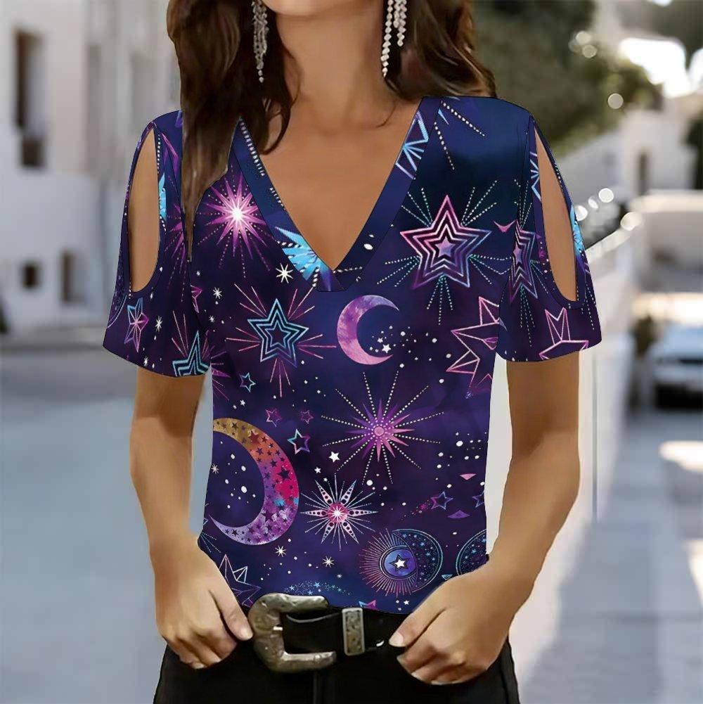 Women V Neck Cold Shoulder Blouse Black Background Colorful Star Print Short Sleeve Top