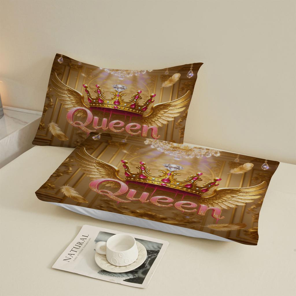 Queen Crown Wings Fitted Sheet Set Gold Pink Royal Crown And Wings Print With Queen Text Bedroom Decor
