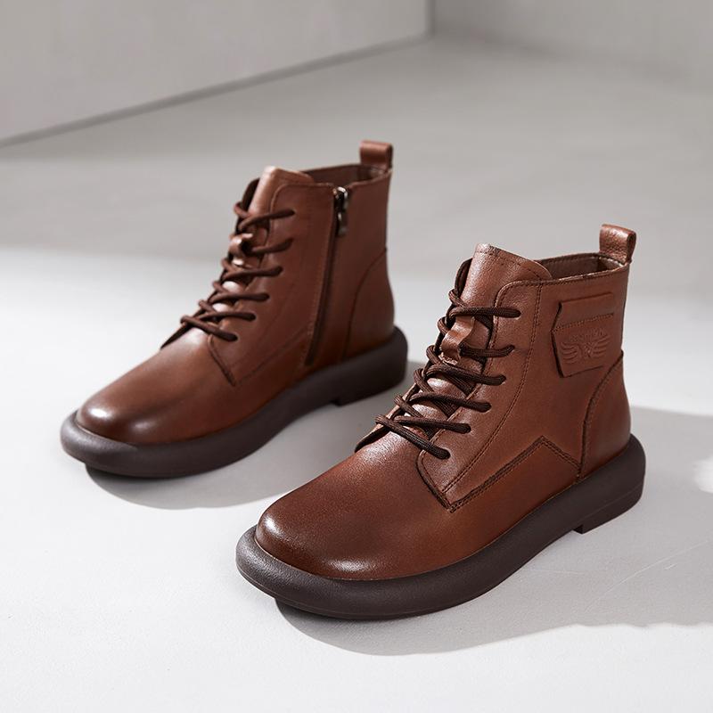 The first layer of cowhide Martin boots for women in the autumn and winter of 2025, the new lace-up retro leather British style flat-bottomed short bo