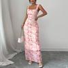Abito Maxi Bodycon da Donna Senza Maniche Scollatura sulla Schiena Stampa Floreale Scollo Quadrato Aderente Lungo per Uso Casual e da Festa