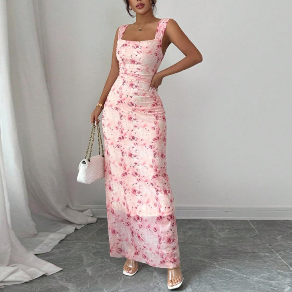 Abito Maxi Bodycon da Donna Senza Maniche Scollatura sulla Schiena Stampa Floreale Scollo Quadrato Aderente Lungo per Uso Casual e da Festa