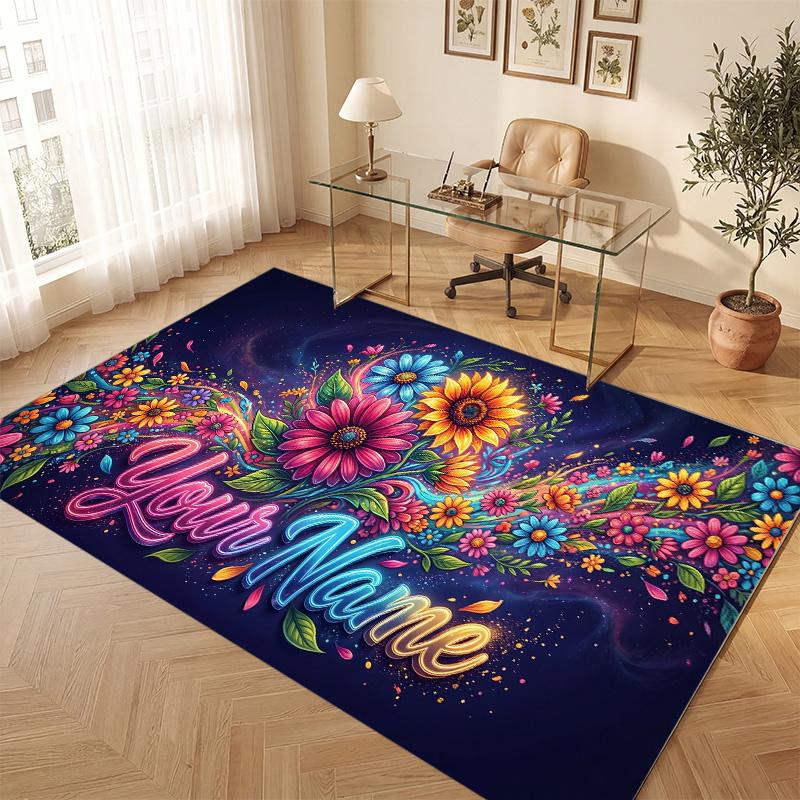 Floral Garden Theme Soft Crystal Velvet Rug Custom Name & Text Print Non Slip Floor Rug for Bedroom Living Room