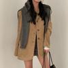 Vintage Korean Style Autumn Blazer Women Loose Fit Long Sleeve Coat with Double Pockets Elegant Office Wear