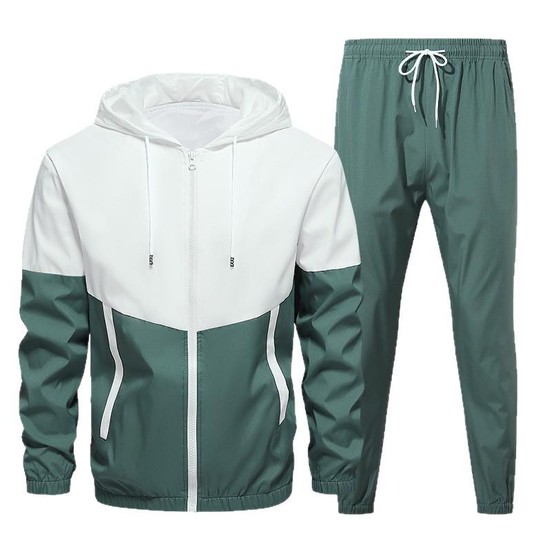 Men's Patchwork Color Block Hooded Jacket & Athletic Set for Spring/Autumn
