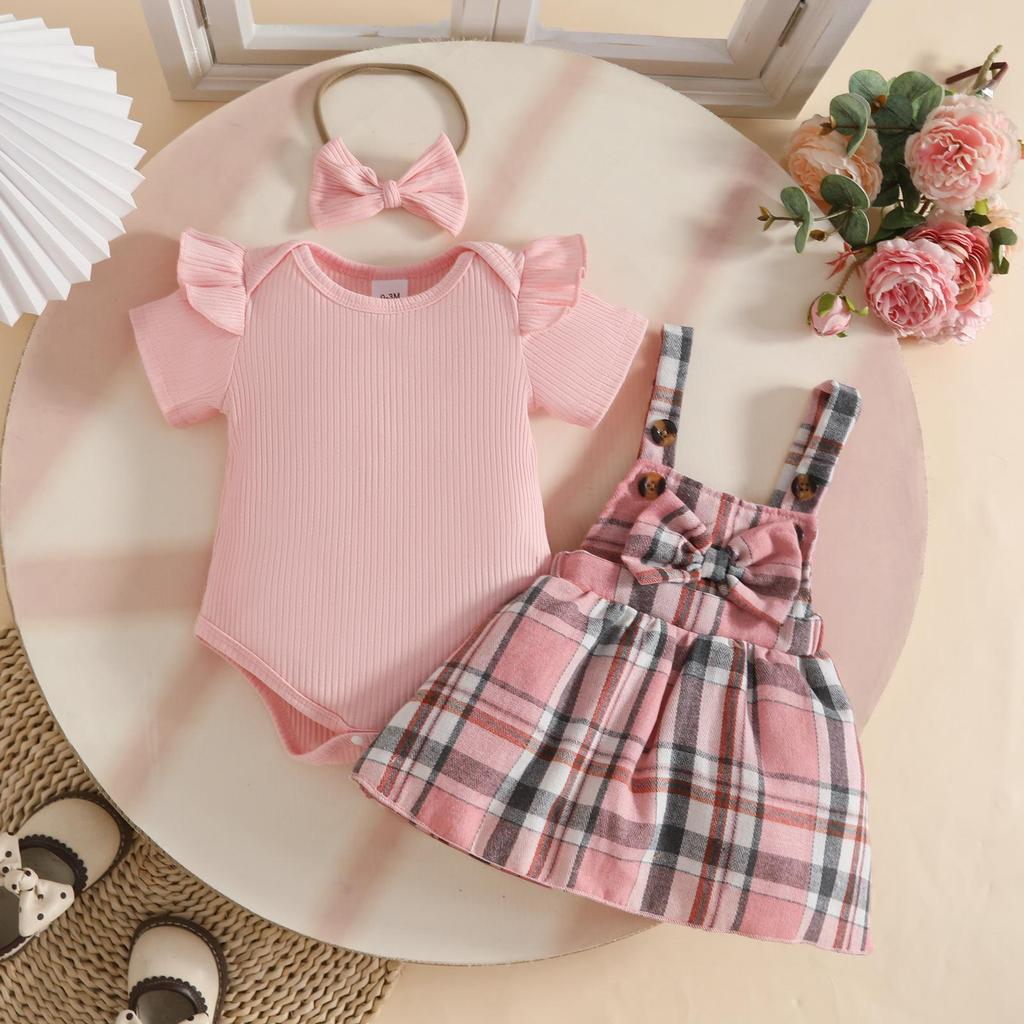 Baby Girl Summer Skirt Set: Ribbed Bodysuit, Plaid Romper & Headband