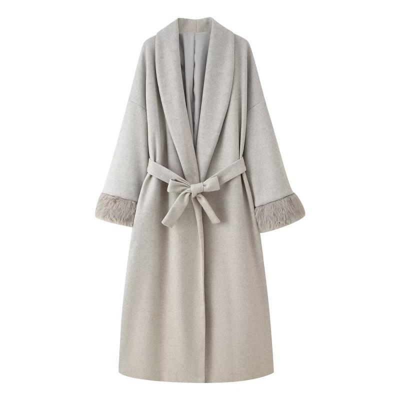 

European & American Women s Winter Wool Coat with Lace-up Cuffs & Fur Collar Medium абрикосовый