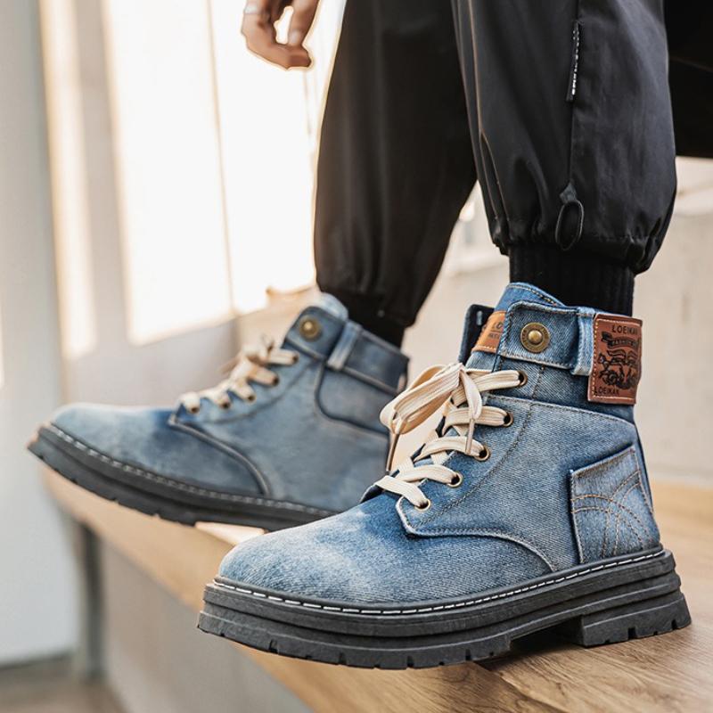 Men High Top Boots Retro Canvas Denim Boots Classic Lace Up Ankle Boot Outdoor Non Slip Platform Boots for Men Botas Para Hombre