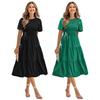 Women's Short Sleeve Smocked Midi Dress Summer Crew Neck Pleated Long Dress