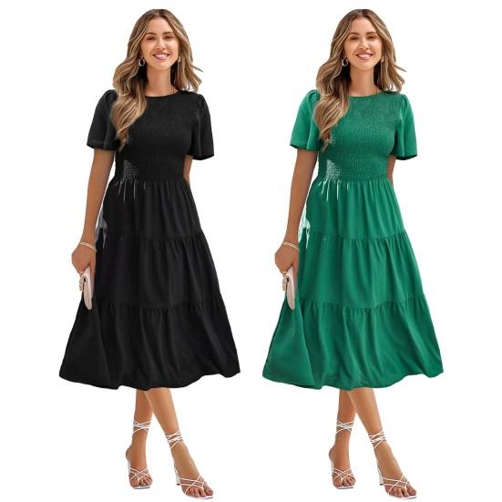 Women's Short Sleeve Smocked Midi Dress Summer Crew Neck Pleated Long Dress