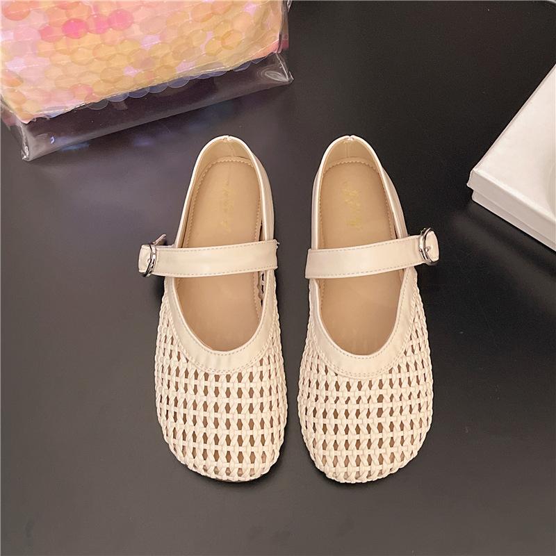 Single Shoes Women's French Mary Jane New Shallow Mouth Hollow Fishing Net Crocheted Silver 2025 Summer Roman Bean Shoes Women's Shoes