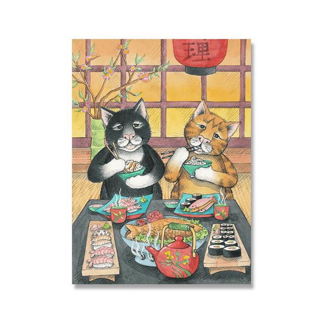

Самурайский кот Ламианская лапша Суши Картина Забавный японский постер Кошачий ресторан Печать Холст Укиёэ Настенная картина 21cm×30cm NoFrame