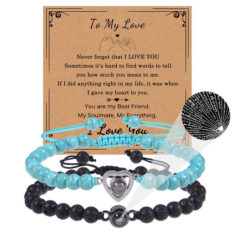Bracciale con proiezione "Ti amo" in 100 lingue con pietra naturale smerigliata e turchese bianco per coppie
