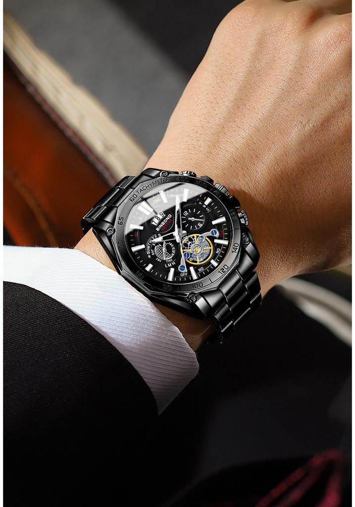 BINBOND Men's Luminous Trendy Tourbillon Steel Band Watch with Decorative Three Dials and Six Hands.