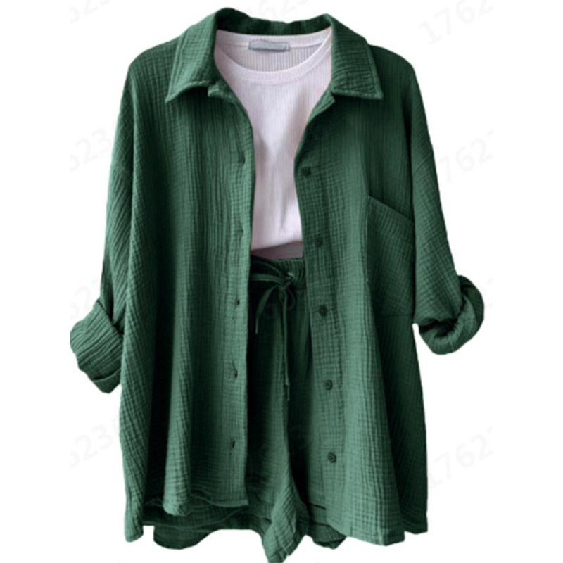 And Summer New Arrival Women's Clothing Fashion Style Champray Lapel Long Sleeve Shirt High Waist Drawstring Shorts Fashion Casual Two-Piece Suit