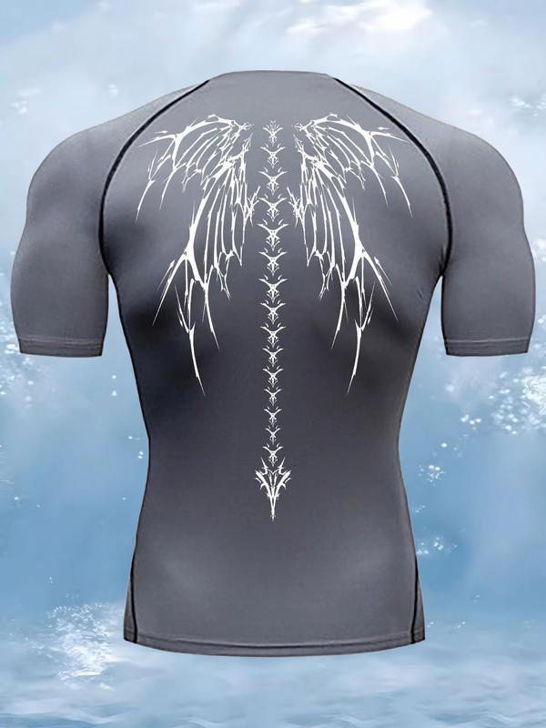 Skull Wings Print Men's Summer Fitness Running Short Sleeve Compression Sports Quick-Drying T-Shirt Short Sleeve Sports Top