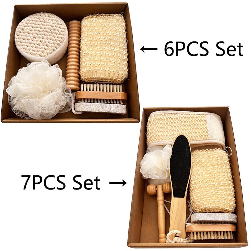6pcs/7pcs Bathing Tools Set Deep Cleaning Sisal Bath Sponge Washing Brush Foot File Exfoliating Scrub Full Body Massage To Relax