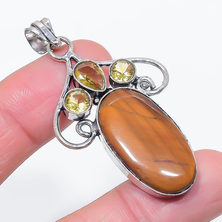 Natural Tiger Eye, Citrine 925 Sterling Silver Jewelry Pendant 2.25" A2k65
