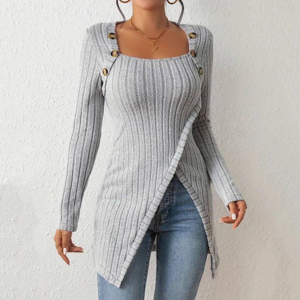 

Платье средней длины с декором из пуговиц, квадратным вырезом, разрезом, асимметричным подолом и длинными рукавами, трикотажное изделие для женщин/девочек L чёрный