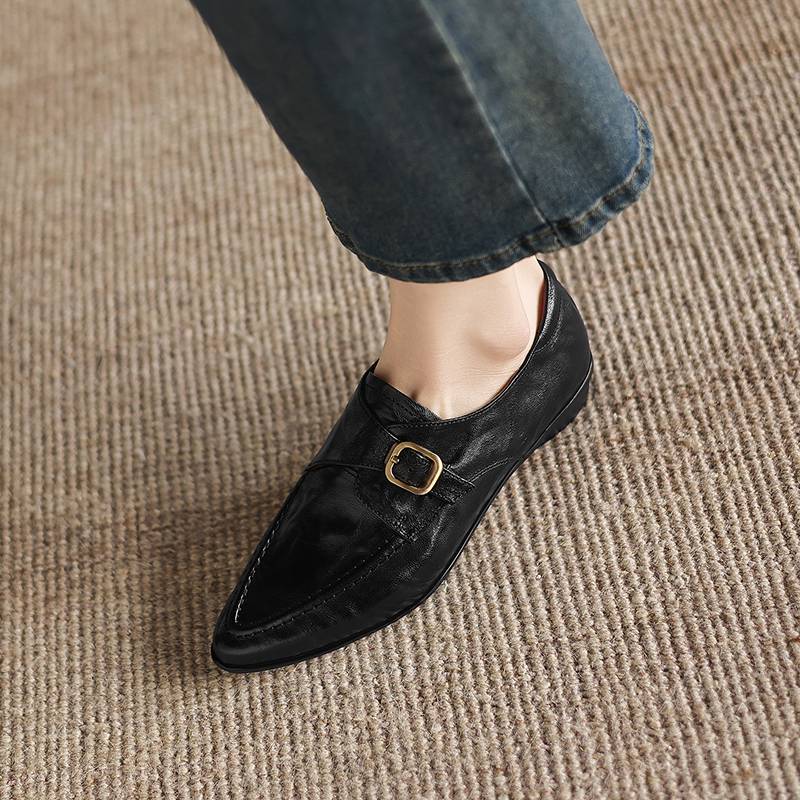 

Krazing Pot Овечья кожа Круглый носок Низкий каблук Летняя обувь Большой размер 42 Ретро Мода Натяжные Туфли-лодочки Плиссированная отделка Женские Глубокий вырез Туфли 34 чёрный