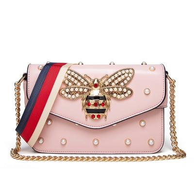 Bag Women's New Simple Pearl Bee Small Square Bag Single Shoulder Crossbody Wide Shoulder Strap Bag Tide