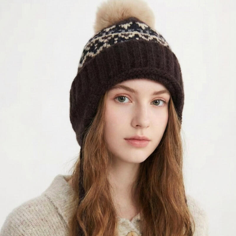 Shara Winter Earflap Hat Nordic Knit Pom Pom Hat K258