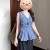 Women V Neck Plaid Sleeveless Ruched Peplum Hem Blouse
