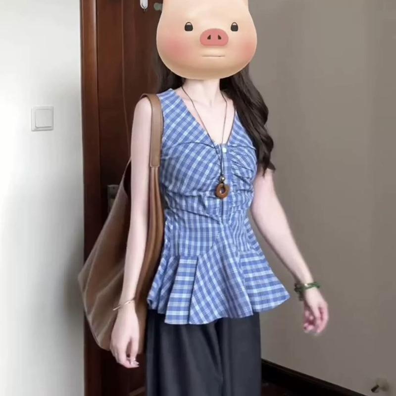 Women V Neck Plaid Sleeveless Ruched Peplum Hem Blouse