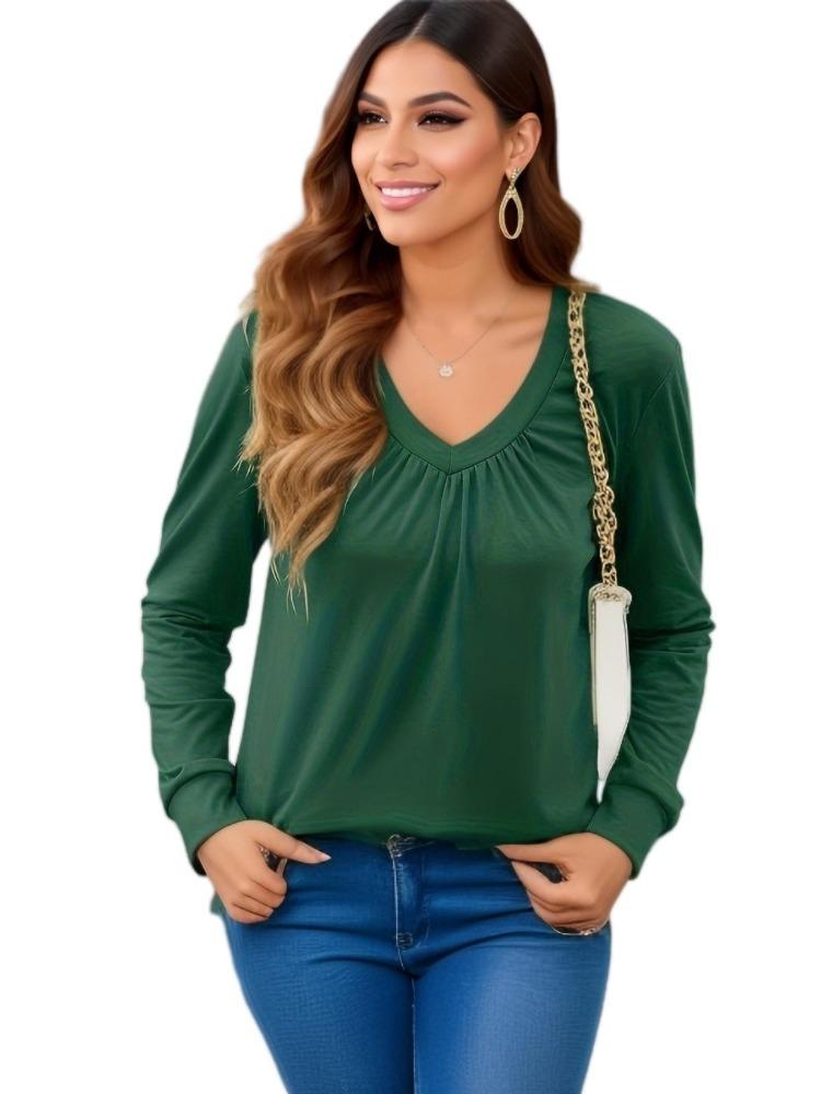 Casual Pleated V Neck Long Sleeve Blouses for Women Spring Summer