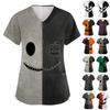Women's Halloween Print Short Sleeve V-Neck Scrub Top with Pocket