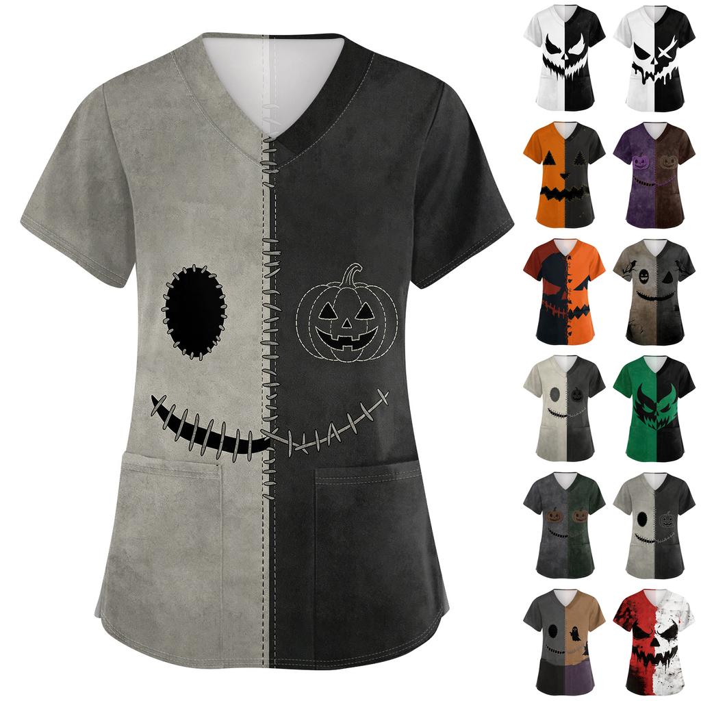 Women's Halloween Print Short Sleeve V-Neck Scrub Top with Pocket