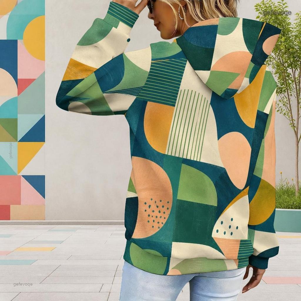 Women Plus Size Geometric Printed Long Sleeve Drawstring Hood Kangaroo Pocket Pullover Hoodie