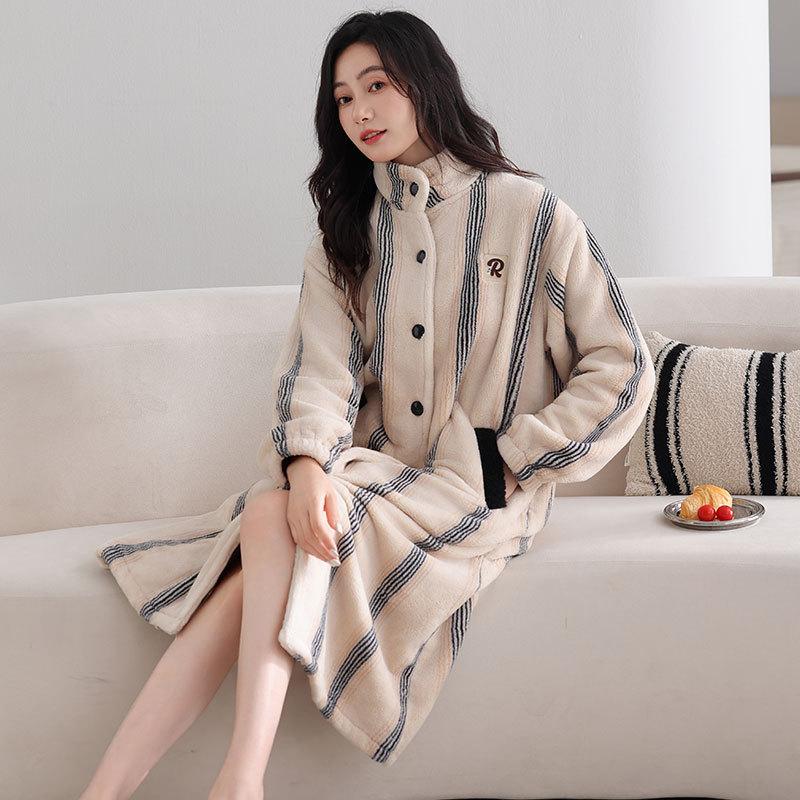 

Женская ночная сорочка Пижама Зимний коралловый флис Флис Утолщенный Осенне-зимний Фланелевый халат Кардиган Премиум Домашняя одежда L