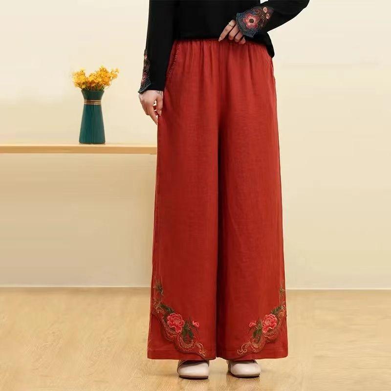 Retro Chinesischer Stil Lockere Bestickte Weitbeinige Hose für Damen Hohe Taille Freizeithose Gerades Bein Hose für Damen
