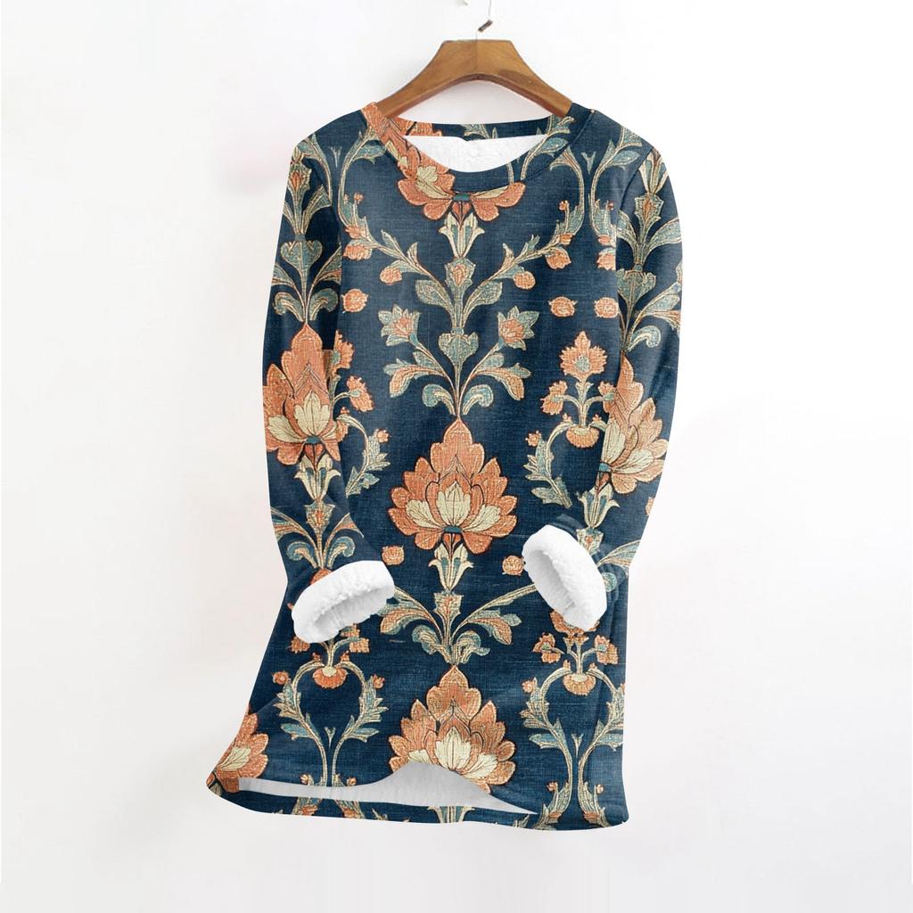 Women's Fashionable Printed Round Neck Long Sleeved Plush Warm Pullover Top