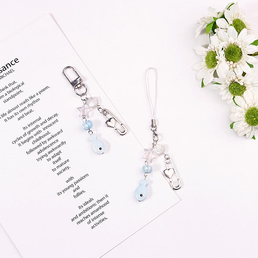 Sweet Fish and Heart Pin Keychain Elegant Phone Chain Pendant Stylish Bag Charm Fashionable Car Key Purse Decoration