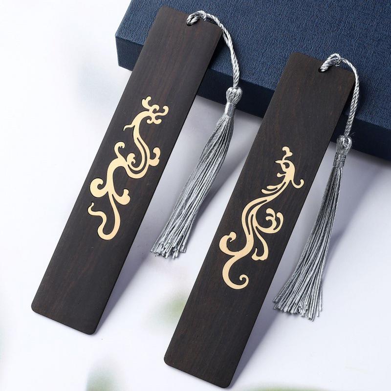 Dragon & Phoenix Auspicious Bookmark Set: Purple Sandalwood & Boxwood Cultural Gift