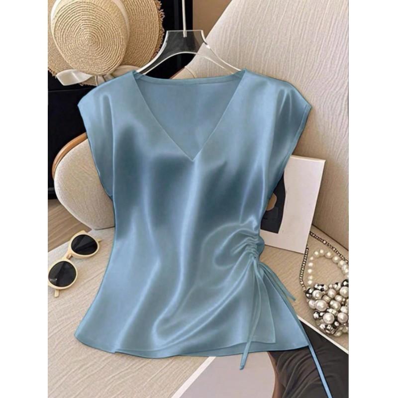 Leichtes Sommer-T-Shirt für Damen, V-Ausschnitt, Unifarben, Satin-Kurzarmhemd, Elegantes figurbetontes Oberteil