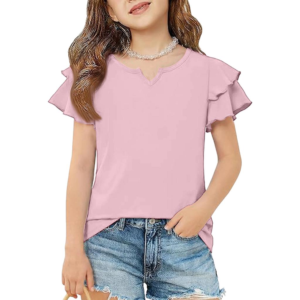 Girls' V-Neck Ruffle Tee - Short Sleeve Summer Blouse