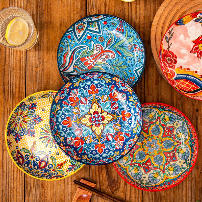 17.5cm/20cm Bohemian Ceramic Plate Creative Fruit Plate Steak Plate Deep Plate Round Plate Tableware