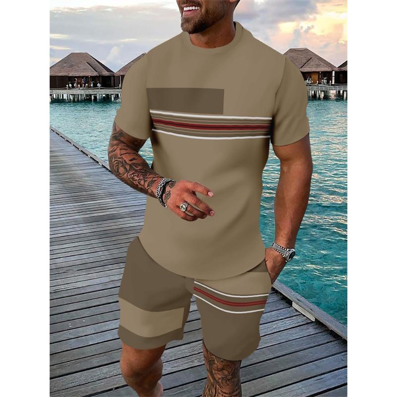 Summer Bestseller T-Shirt Set Color-Block Striped Short-Sleeve T-Shirt & Shorts Set Casual Outdoor Running Fitness Set