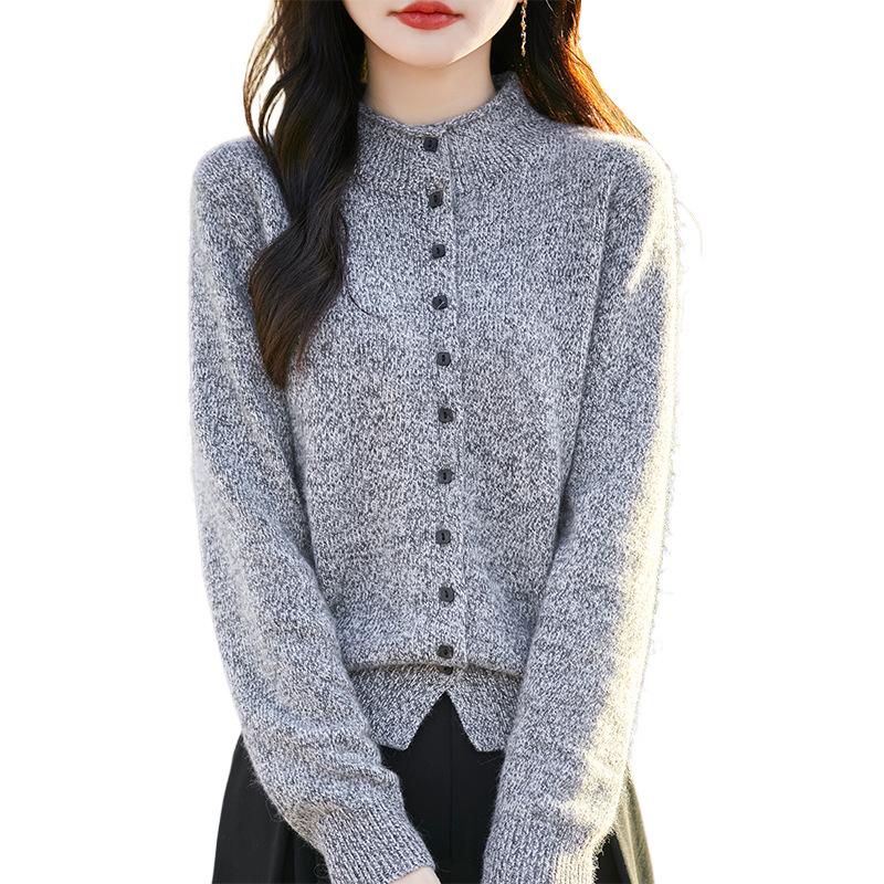 Women's Floral Wool Knit Cardigan - Semi-High Neck, Multi-Button Sweater for Autumn/Winter