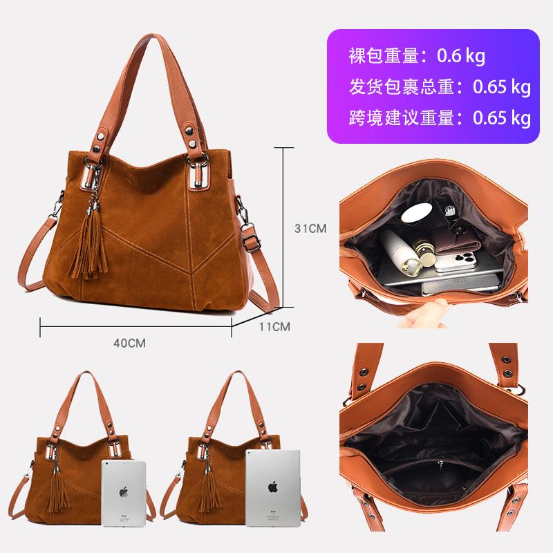 New retro big bag fashionable splicing PU fringed portable shoulder large capacity messenger commuter women's bag