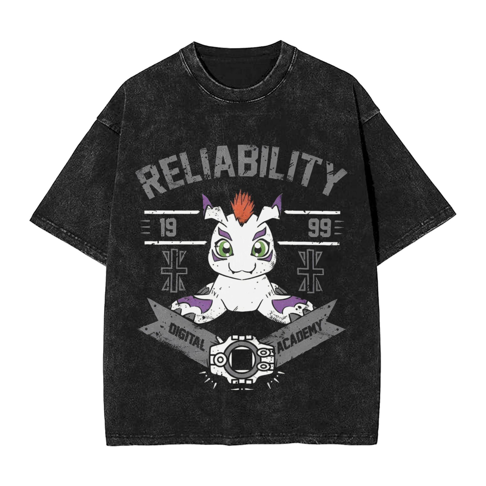 Digimon Patamon Digital Monsters Vintage Collegestyle Wash Print T Shirt Men Summer Black Tee Anime Streetwear M